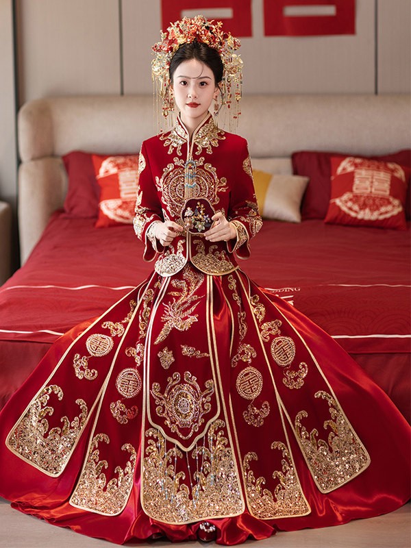 2026 Sequins Phoenix Wedding Bride Top & Skirt Qun Kwa Xiuhe