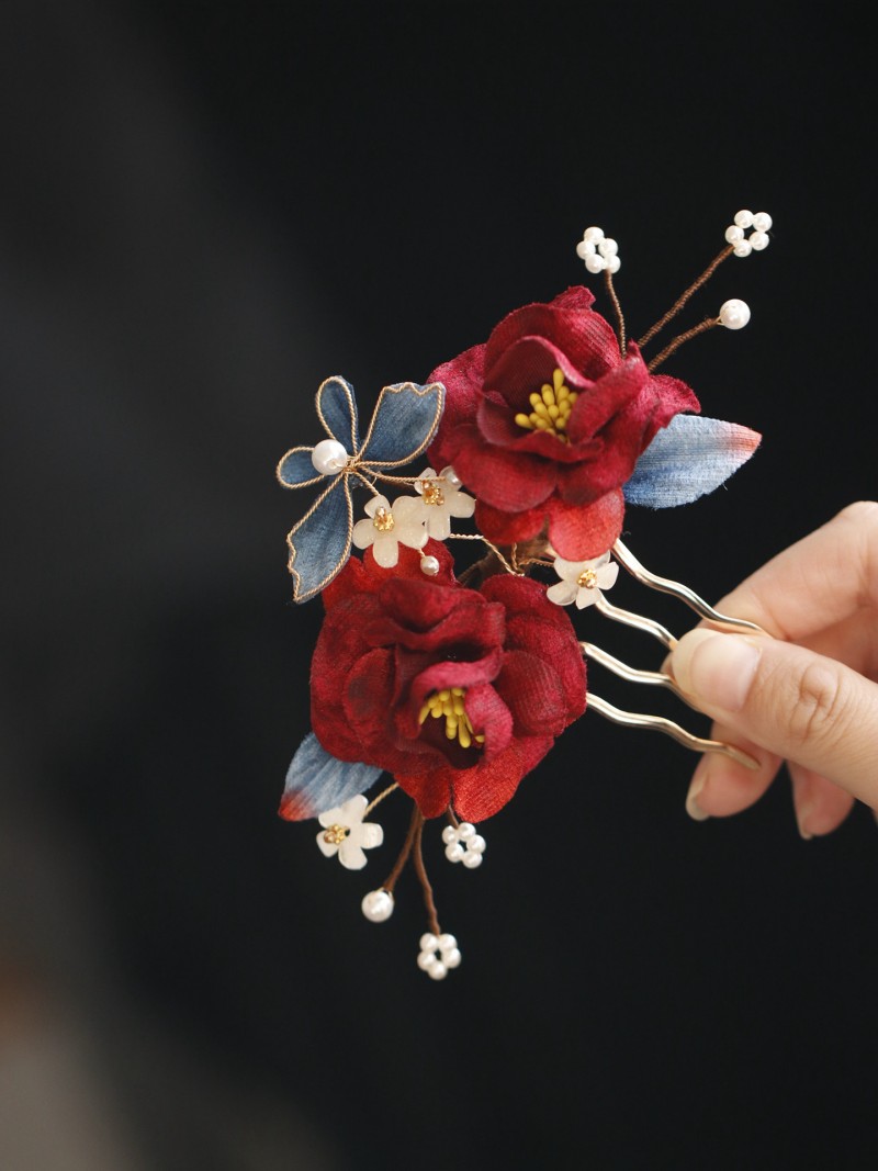 Two Pieces Fabrics Butterfly Flowers Hair Comb Pins