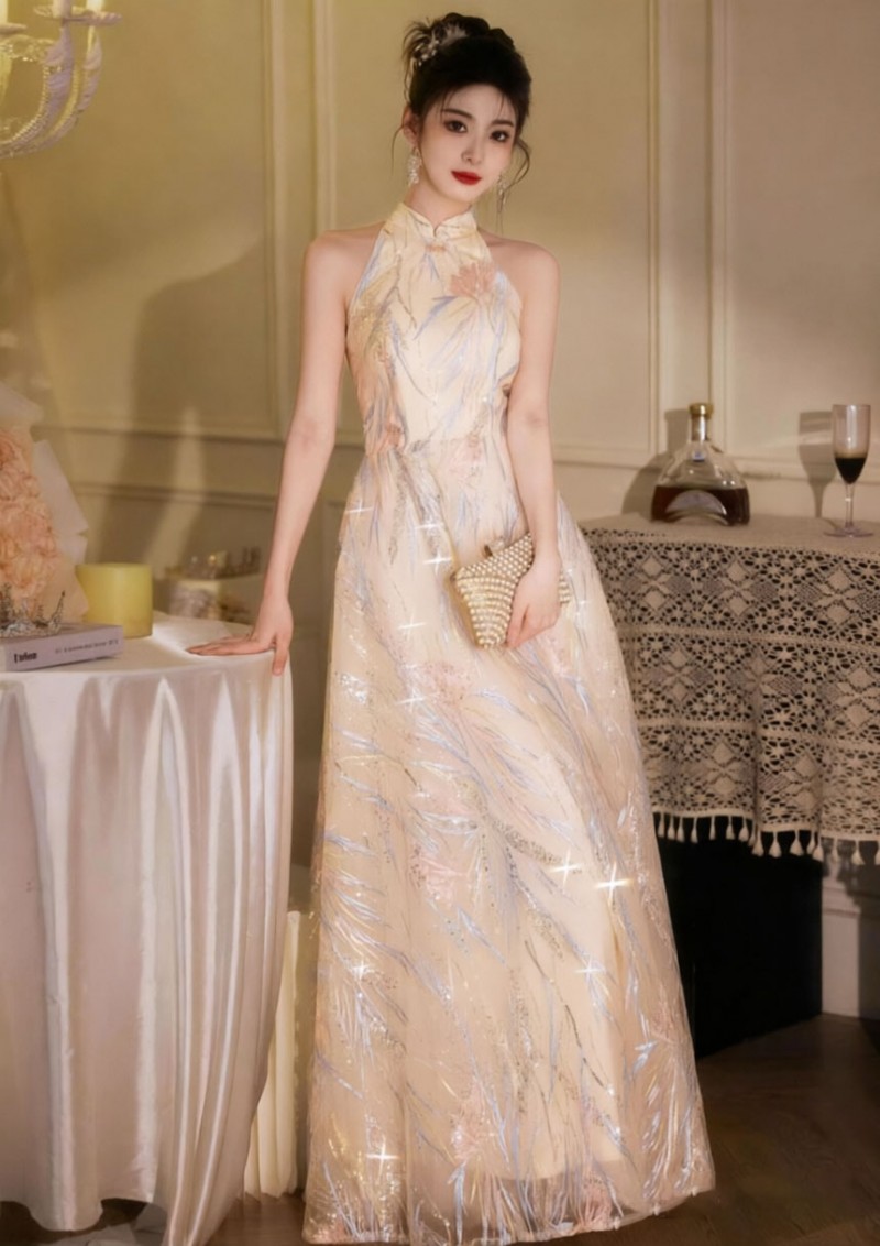 Champagne Sequins Halter A-Line Evening Party Dress