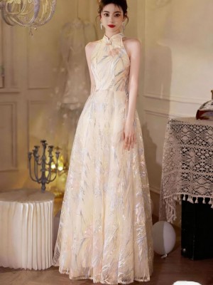 Champagne Sequins Halter A-Line Evening Party Dress