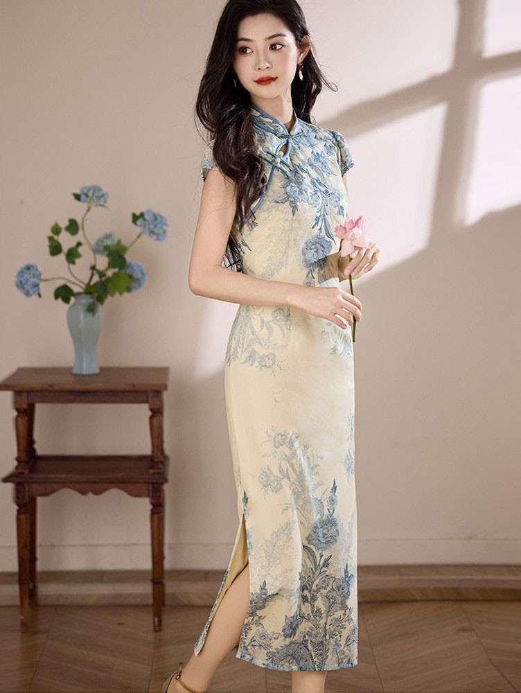 Blue Floral Print Maxi Cheongsam Qipao Dress Blue Floral Print Maxi Cheongsam Qipao Dress