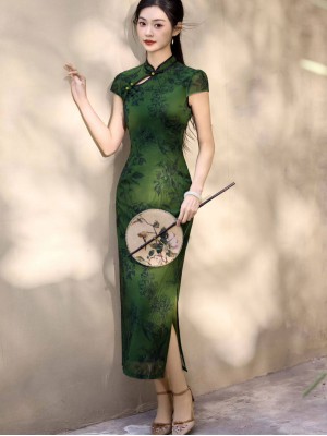 Green Floral Print Maxi Cheongsam Qipao Dress