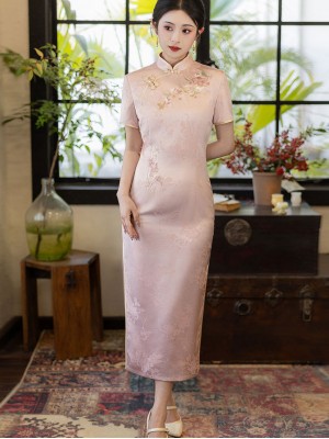 Pink White Floral Embroidered Maxi Cheongsam Qipao Dress