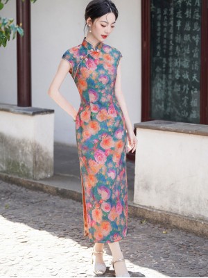 Summer Floral Print Maxi Cheongsam Qipao Dress