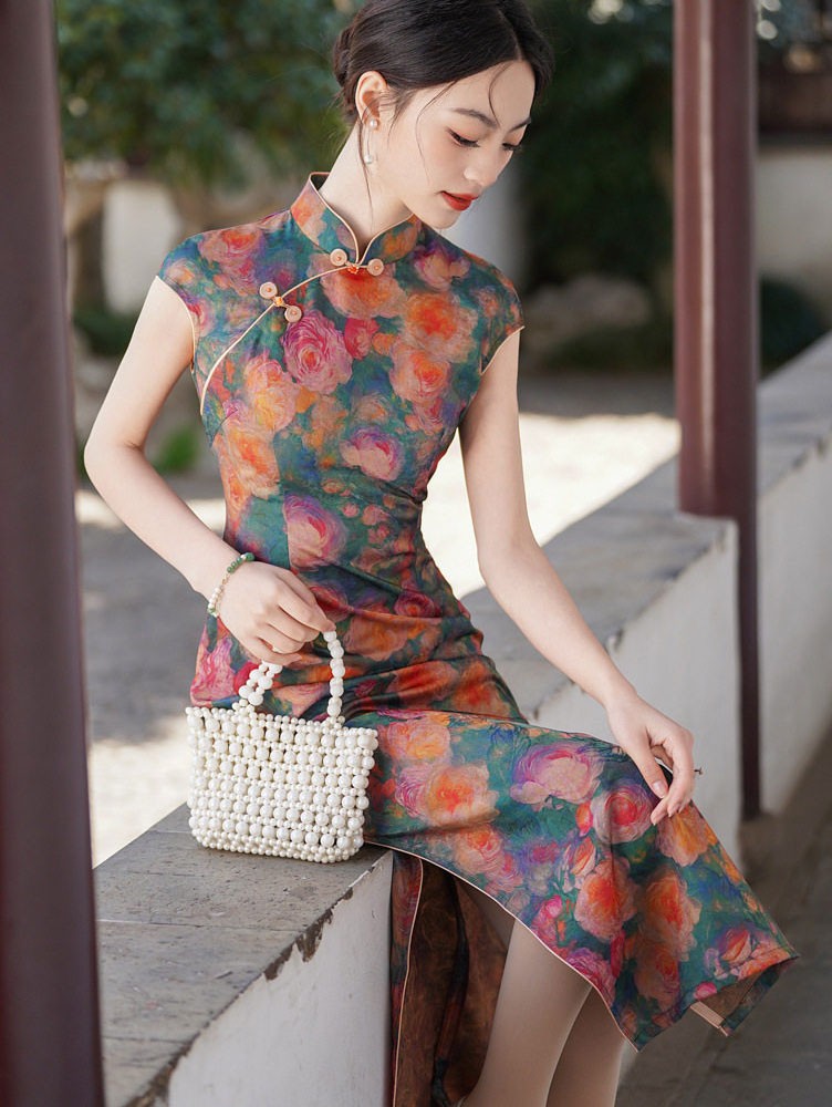 Summer Floral Print Maxi Cheongsam Qipao Dress Summer Floral Print Maxi Cheongsam Qipao Dress