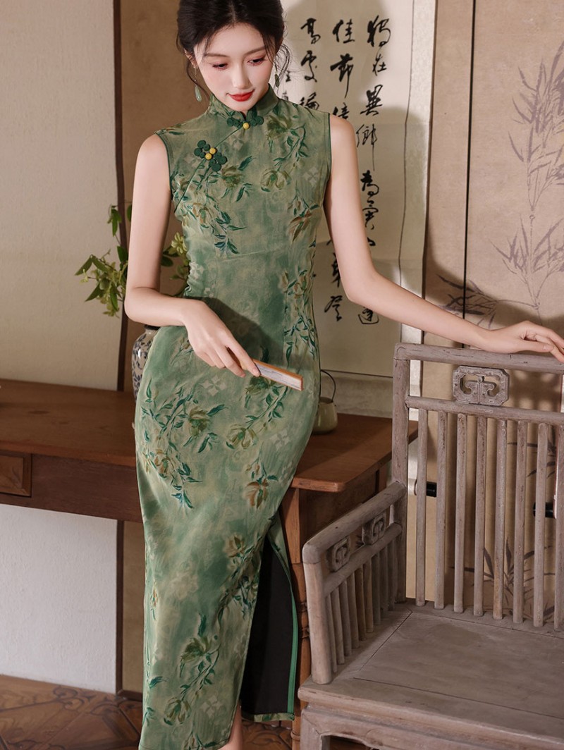 Willow Green Jacquard Sleeveless Cheongsam Qipao Dress Willow Green Jacquard Sleeveless Cheongsam Qipao Dress