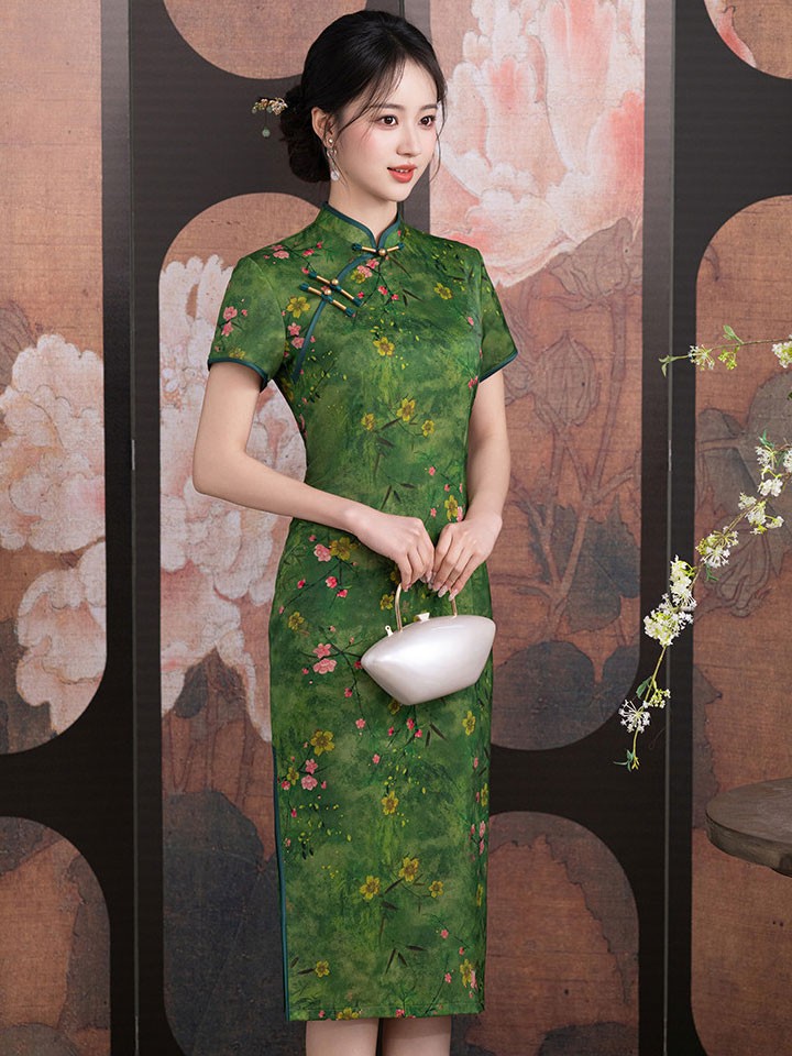 2025 Green Plaid Cheongsam Qipao Dress 2025 Green Plaid Cheongsam Qipao Dress