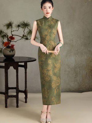Forest Green Floral Maxi Cheongsam Qipao Dress