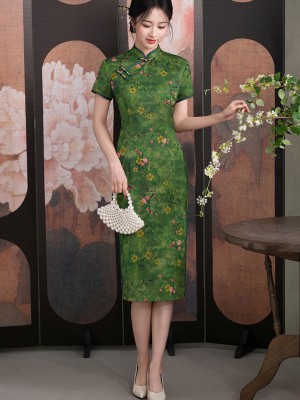 Green Floral Print Midi Cheongsam Qipao Dress