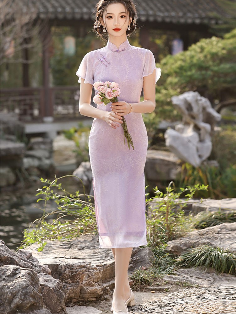 Purple Jacquard Flutter Sleeve Qipao Cheongsam Dress Purple Jacquard Flutter Sleeve Qipao Cheongsam Dress