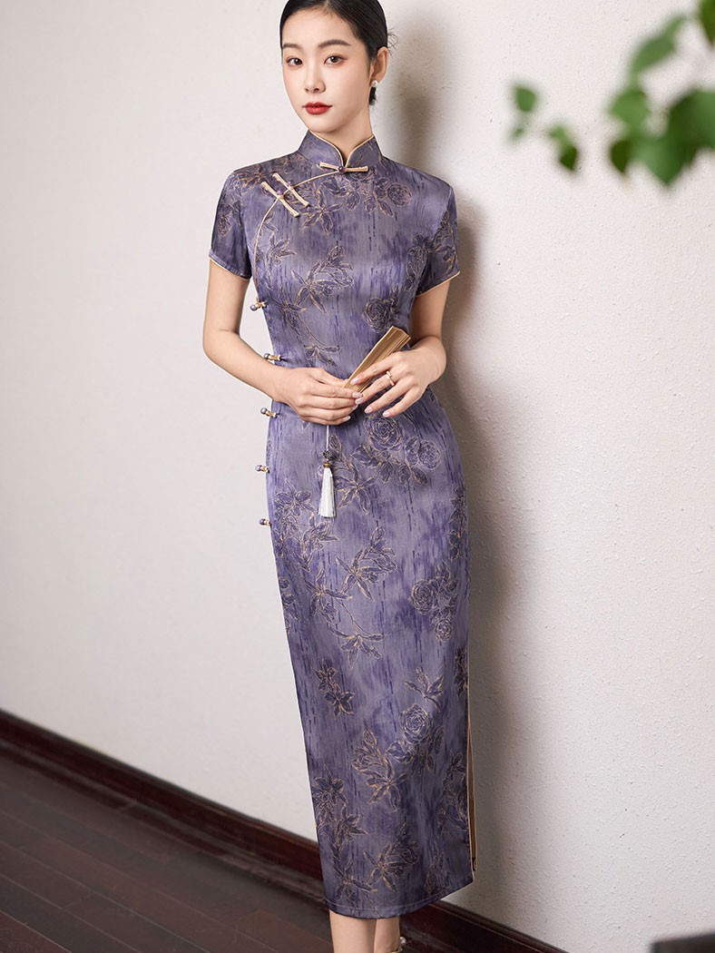 Purple Jacquard Silk Long Cheongsam Qipao Dress Purple Jacquard Silk Long Cheongsam Qipao Dress