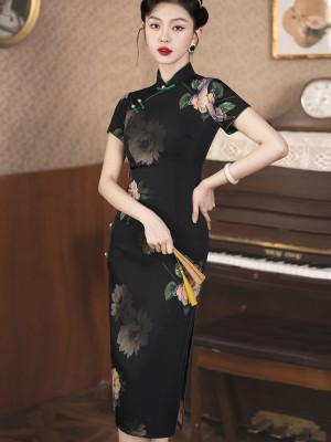 Black Floral Print Midi Cheongsam Qipao Dress