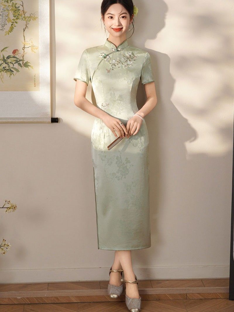 Blue Green Jacquard Floral Cheongsam Qipao Dress Blue Green Jacquard Floral Cheongsam Qipao Dress