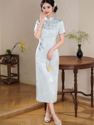 Blue Green Jacquard Floral Cheongsam Qipao Dress