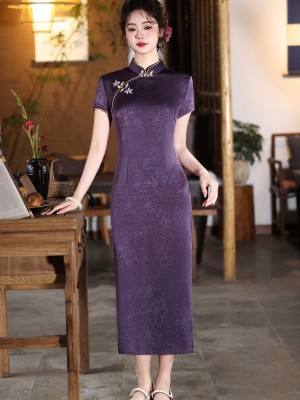 Purple Jacquard Floral Cheongsam Qipao Dress