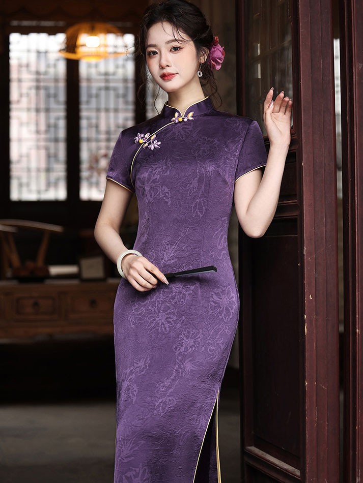 Purple Jacquard Floral Cheongsam Qipao Dress