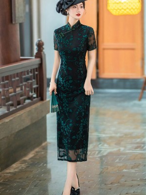 Bridal Mothers Red Floral Velvet Qipao Cheongsam Dress