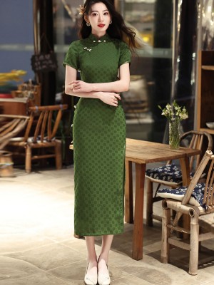 Green Jacquard Maxi Cheongsam Qipao Dress