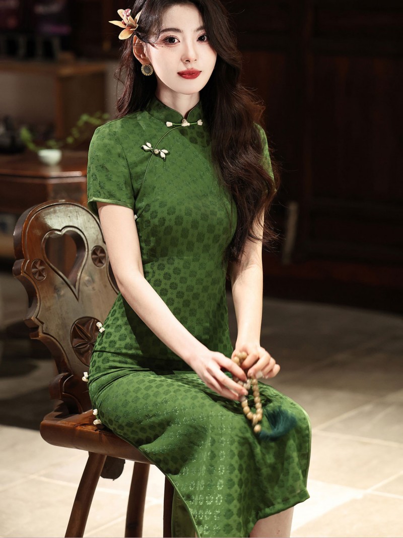 Green Jacquard Maxi Cheongsam Qipao Dress