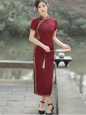 Red Jacquard Lace Trim Modern Qipao Cheongsam Dress