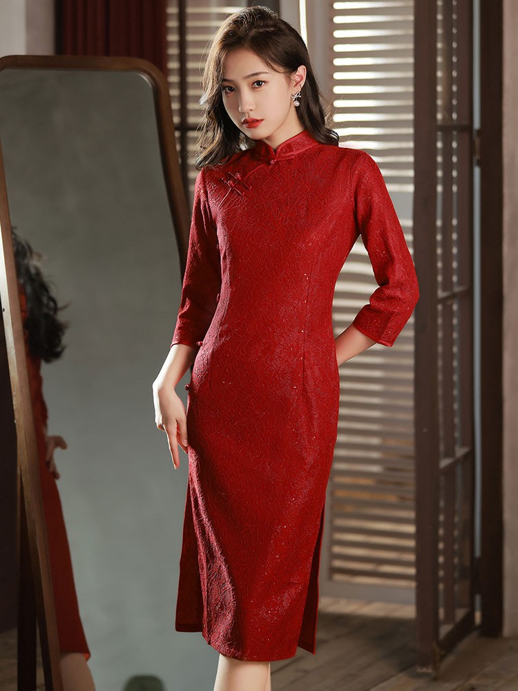Red Lace Mid Wedding Cheongsam / Qipao Dress