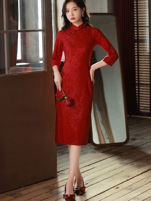 Red Lace Mid Wedding Cheongsam / Qipao Dress