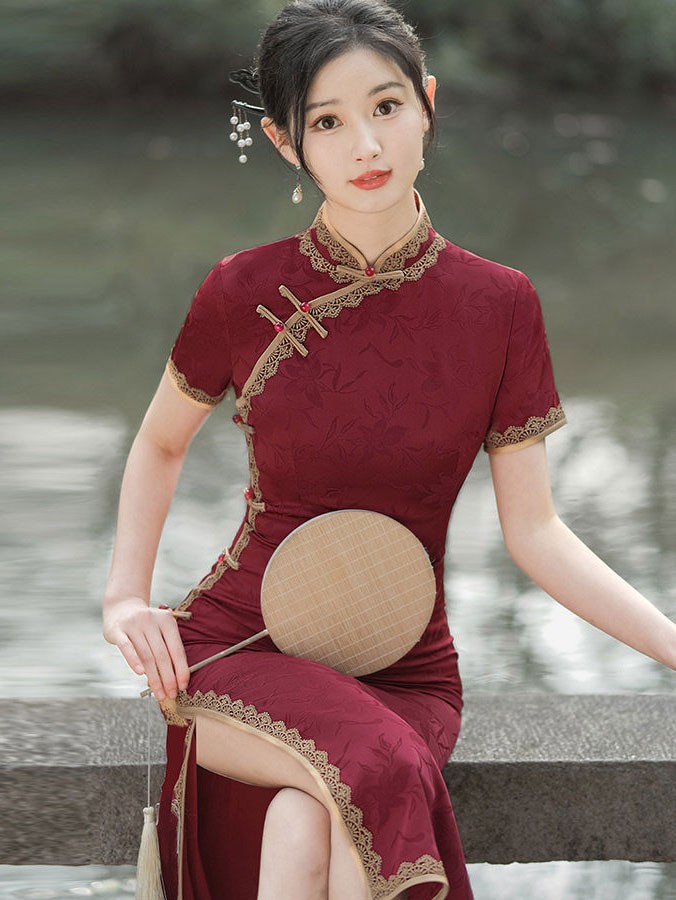 Red jacquard LaceTrim Modern Qipao Cheongsam Dress Red jacquard LaceTrim Modern Qipao Cheongsam Dress