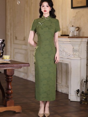 Green Red Jacquard Floral Maxi Cheongsam Qipao Dress