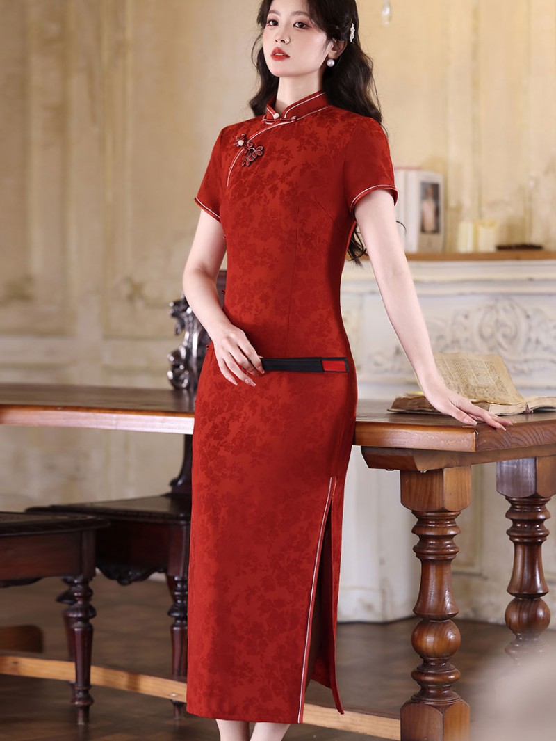 Green Red Jacquard Floral Maxi Cheongsam Qipao Dress Green Red Jacquard Floral Maxi Cheongsam Qipao Dress