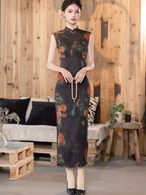 Midsummer Night Floral Long Cheongsam Qipao Dress