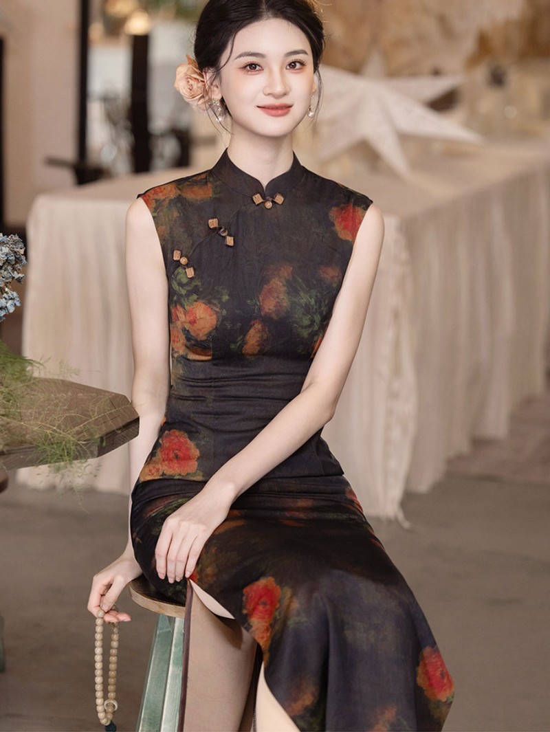 Midsummer Night Floral Long Cheongsam Qipao Dress Midsummer Night Floral Long Cheongsam Qipao Dress