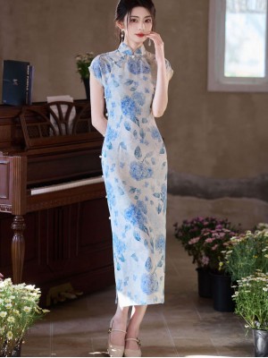 Porcelain Blue Floral Print Long Cheongsam Qipao Dress