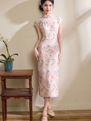 Spring Pink Blue Floral Linen Long Cheongsam Qipao Dress