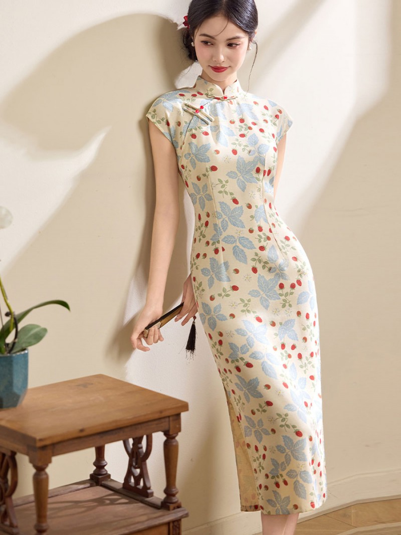 Spring Pink Blue Floral Linen Long Cheongsam Qipao Dress Spring Pink Blue Floral Linen Long Cheongsam Qipao Dress