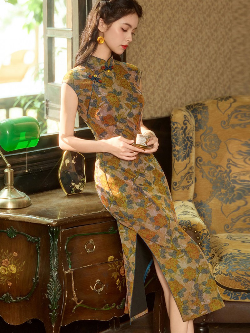Summer Twilight Floral Midi Cheongsam Qipao Dress Summer Twilight Floral Midi Cheongsam Qipao Dress