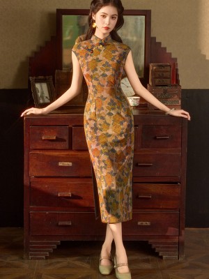 Summer Twilight Floral Midi Cheongsam Qipao Dress