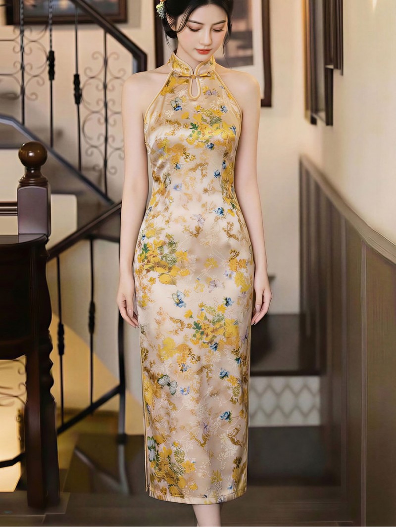 Yellow Floral Print Long Cheongsam Qipao Dress