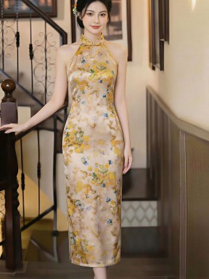 Yellow Floral Print Long Cheongsam Qipao Dress