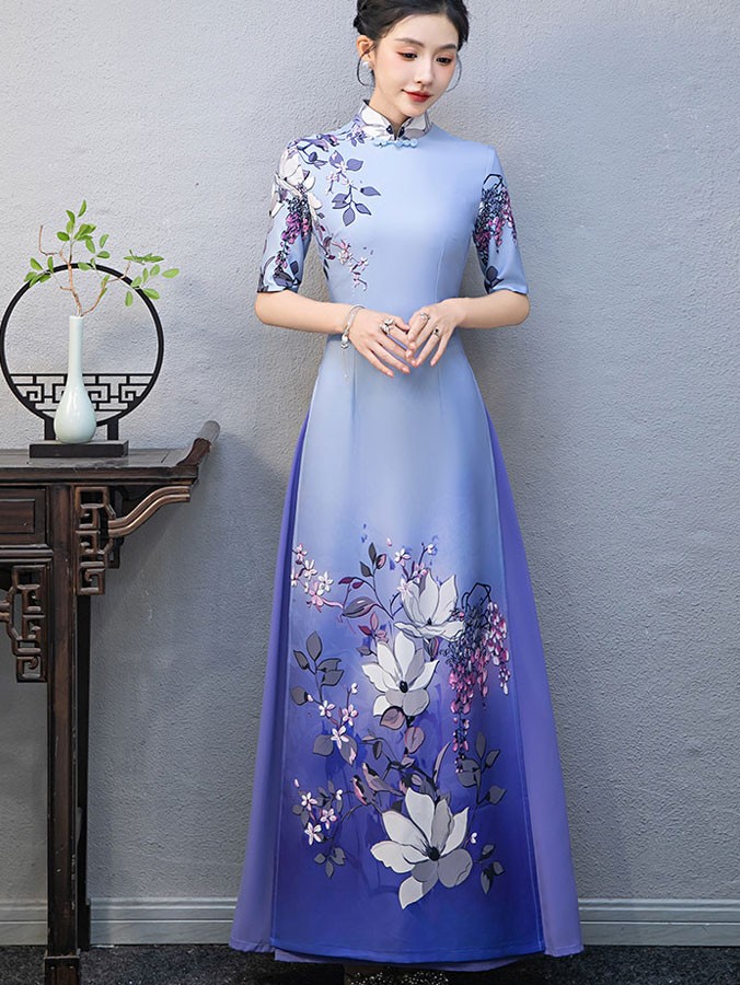 Blue Green Floral Print A-Line Cheongsam Ao Dai Dress Blue Green Floral Print A-Line Cheongsam Ao Dai Dress