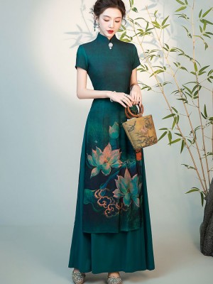 Blue Green Floral Print A-Line Cheongsam Ao Dai Dress