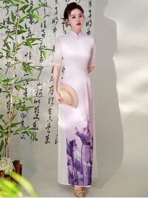 Purple Green Lotus Print Mothers Cheongsam Ao Dai Dress