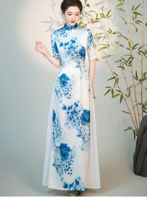 Blue and White Floral Long Cheongsam Ao Dai Dress