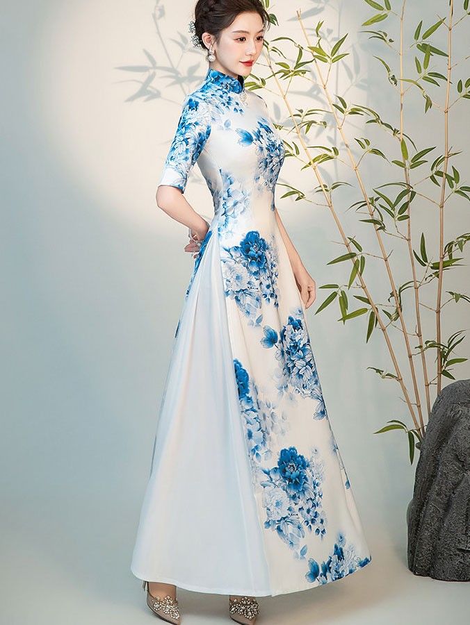 Blue and White Floral Long Cheongsam Ao Dai Dress Blue and White Floral Long Cheongsam Ao Dai Dress