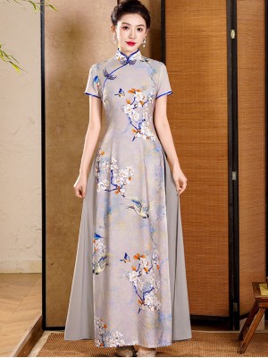 Gray Floral Print A-Line Maxi Cheongsam Ao Dai Dress
