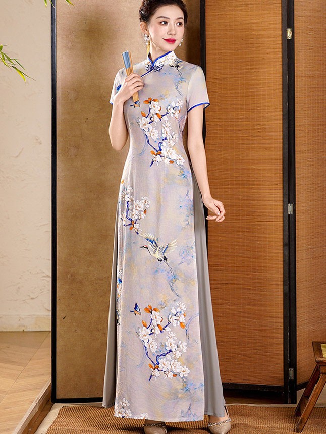 Gray Floral Print A-Line Maxi Cheongsam Ao Dai Dress Gray Floral Print A-Line Maxi Cheongsam Ao Dai Dress