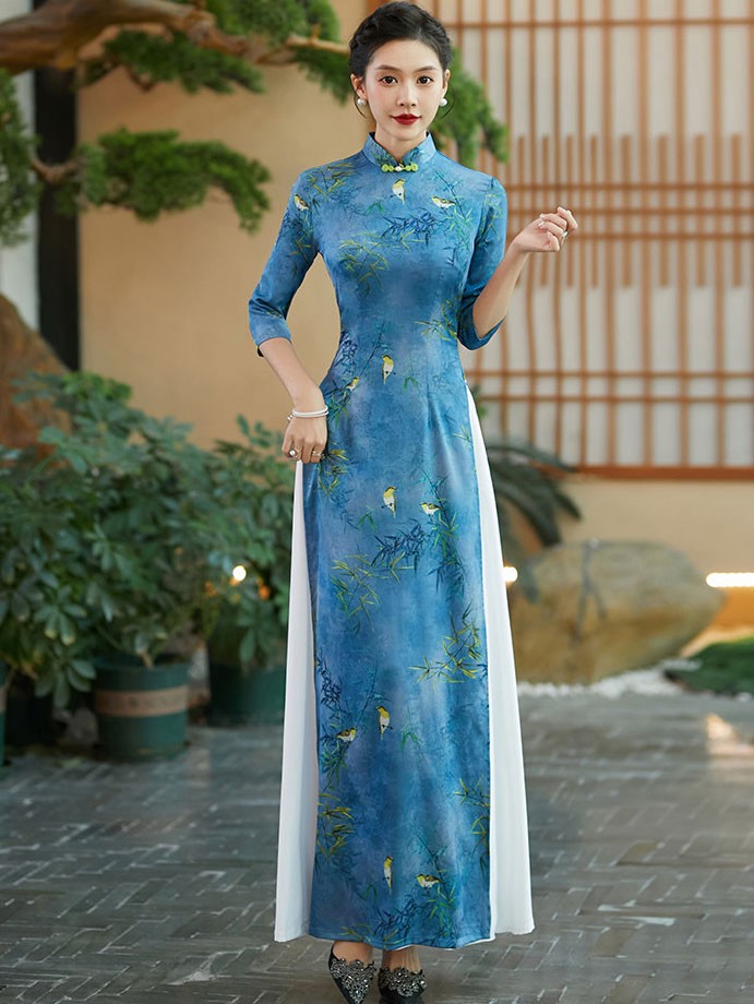 Green Blue Vintage Print Maxi Cheongsam Ao Dai Dress Green Blue Vintage Print Maxi Cheongsam Ao Dai Dress