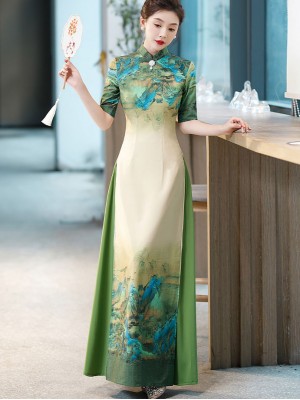 Green Blue Vintage Print Maxi Cheongsam Ao Dai Dress
