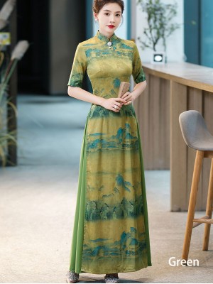 Vintage Chinese Painting Print Maxi Cheongsam Ao Dai Dress