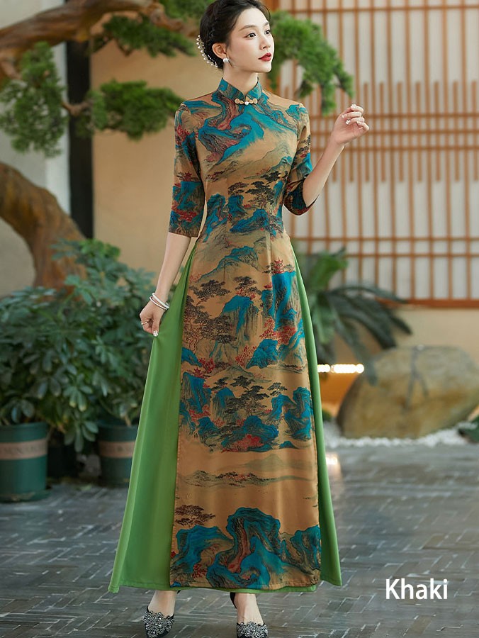Vintage Chinese Painting Print Maxi Cheongsam Ao Dai Dress Vintage Chinese Painting Print Maxi Cheongsam Ao Dai Dress