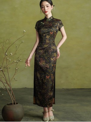 Autumn Glow Floral Print Long Cheongsam Qipao Dress